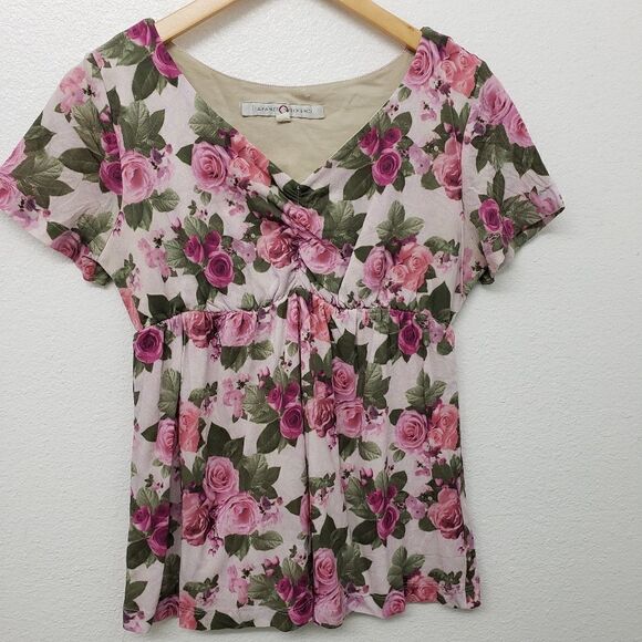 Japanese Weekend Floral Peplum V Neck Blouse Size L - Picture 1 of 7
